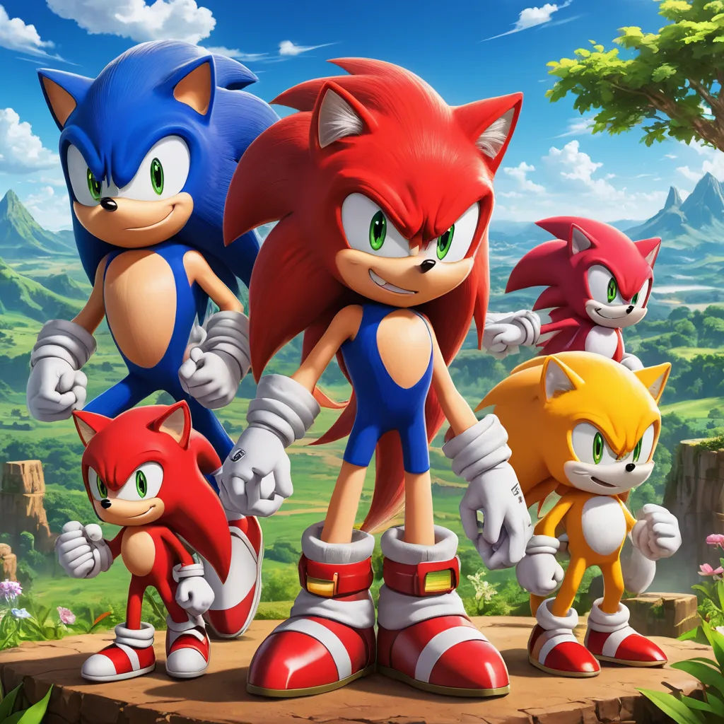 a group of sonic and tails standing next to each other in front of a forest and mountains background with trees, sots art, concept art, Eddie Mendoza, official art
