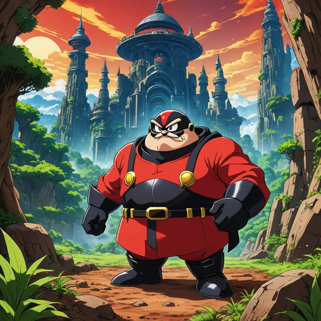 a cartoon character standing in front of a castle with a giant red and black gorilla in front of it, maximalism, a character portrait, Fletcher Martin, official art