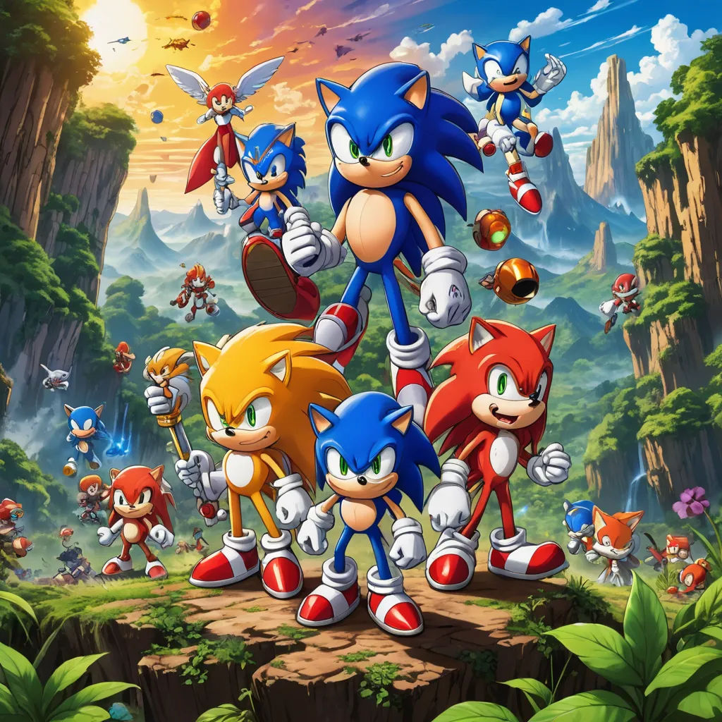 a group of sonic characters in a cartoon style scene with a mountain background and trees and rocks in the foreground, sots art, poster art, Chris LaBrooy, official art