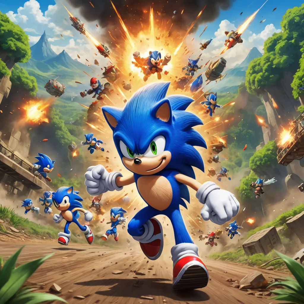 a sonic the hedgehog character running through a forest with other characters in the background and a sky background, sots art, concept art, Chris LaBrooy, key art
