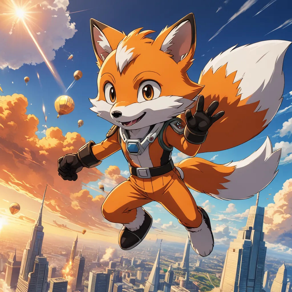 a fox is flying in the sky over a city with balloons in the sky and a rocket in the background, sots art, concept art, Cedric Seaut (Keos Masons), official art