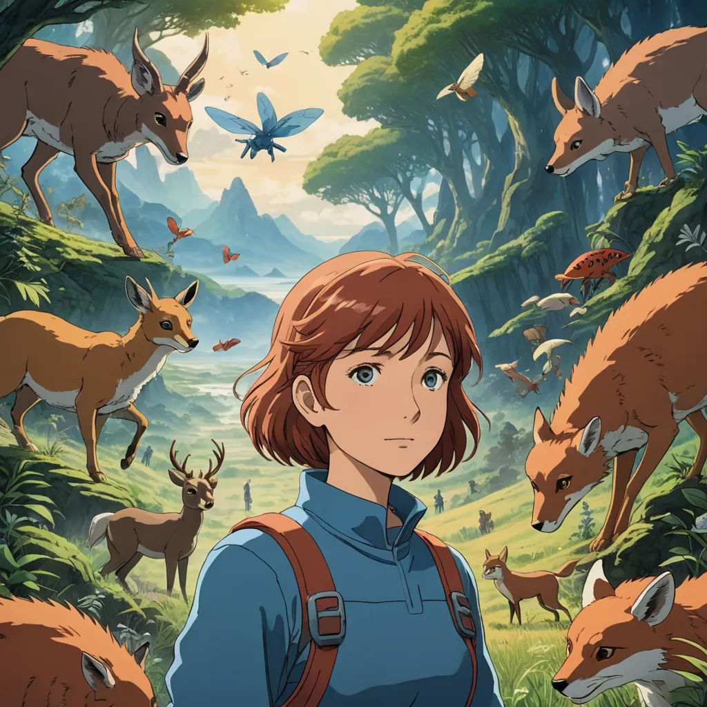 a girl in a blue shirt and a forest with animals on it and a bird flying over her head, environmental art, poster art, Ayami Kojima, ghibli
