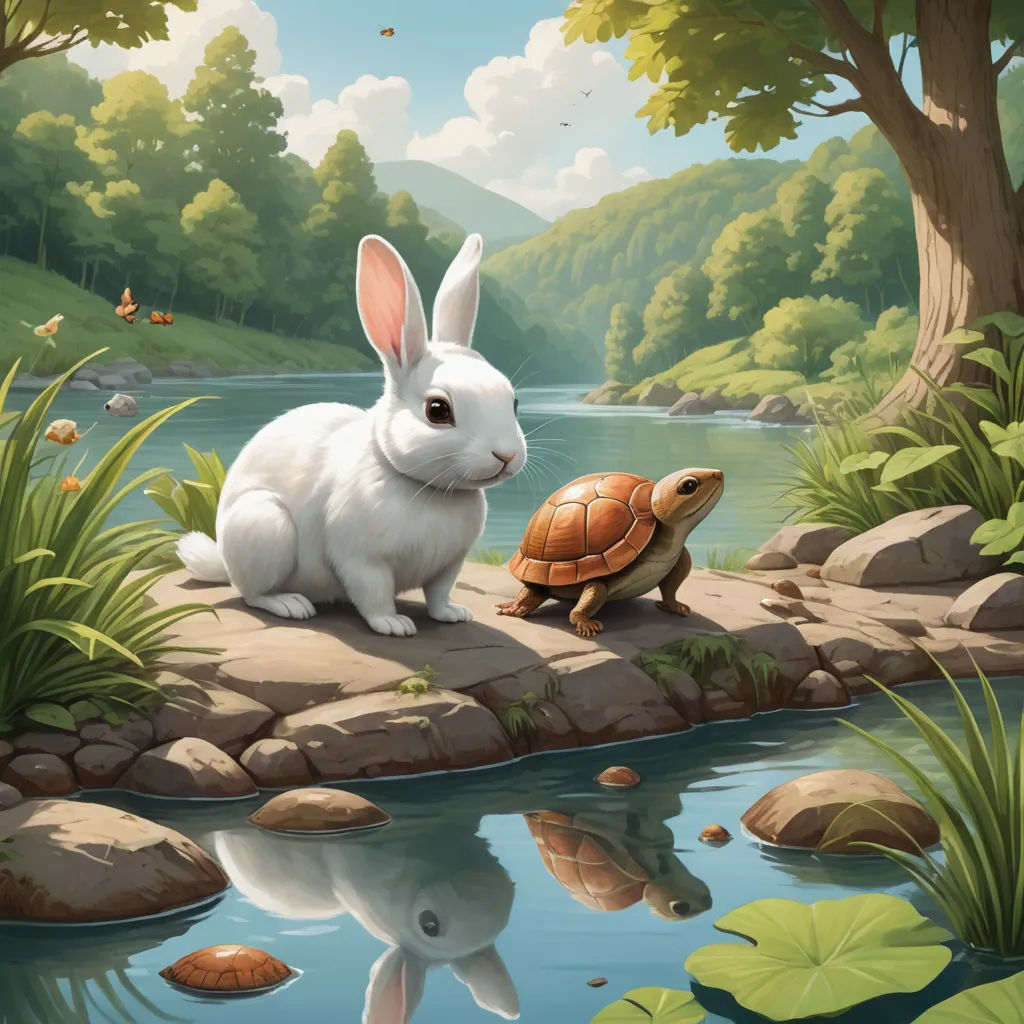 a rabbit and a turtle are sitting on a rock by a river with a pond and trees in the background, fantasy art, a storybook illustration, Chris LaBrooy, storybook illustration