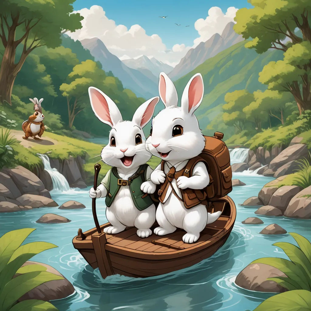 two rabbits are sitting in a boat in the river and one is holding a stick and the other is holding a backpack, fantasy art, a storybook illustration, Beatrix Potter, rossdraws global illumination