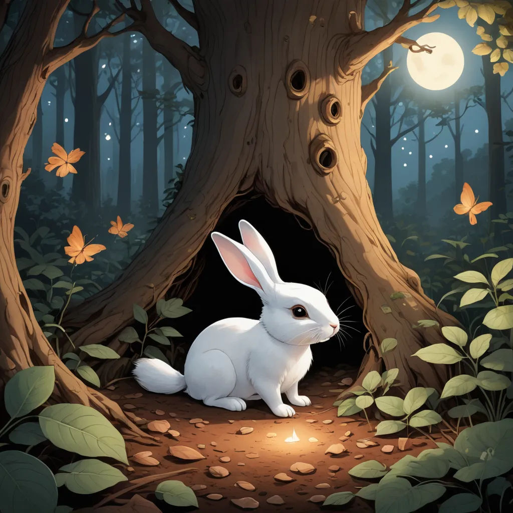 a white rabbit sitting in a forest under a tree with a light in its mouth and a full moon in the background, magical realism, a storybook illustration, David Martin, rossdraws global illumination