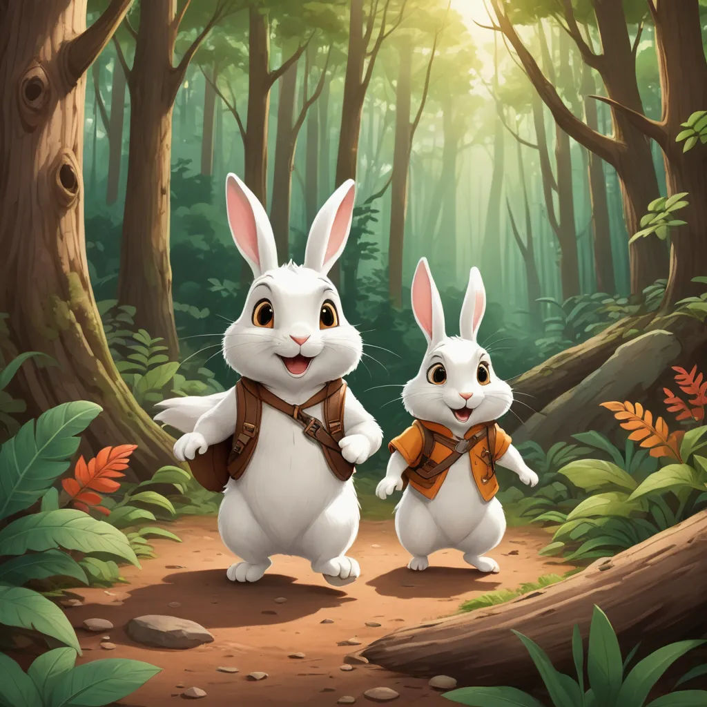 two rabbits are walking in the woods together with a backpack on their back and a backpack on their back, furry art, a storybook illustration, Brothers Hildebrandt, rossdraws global illumination
