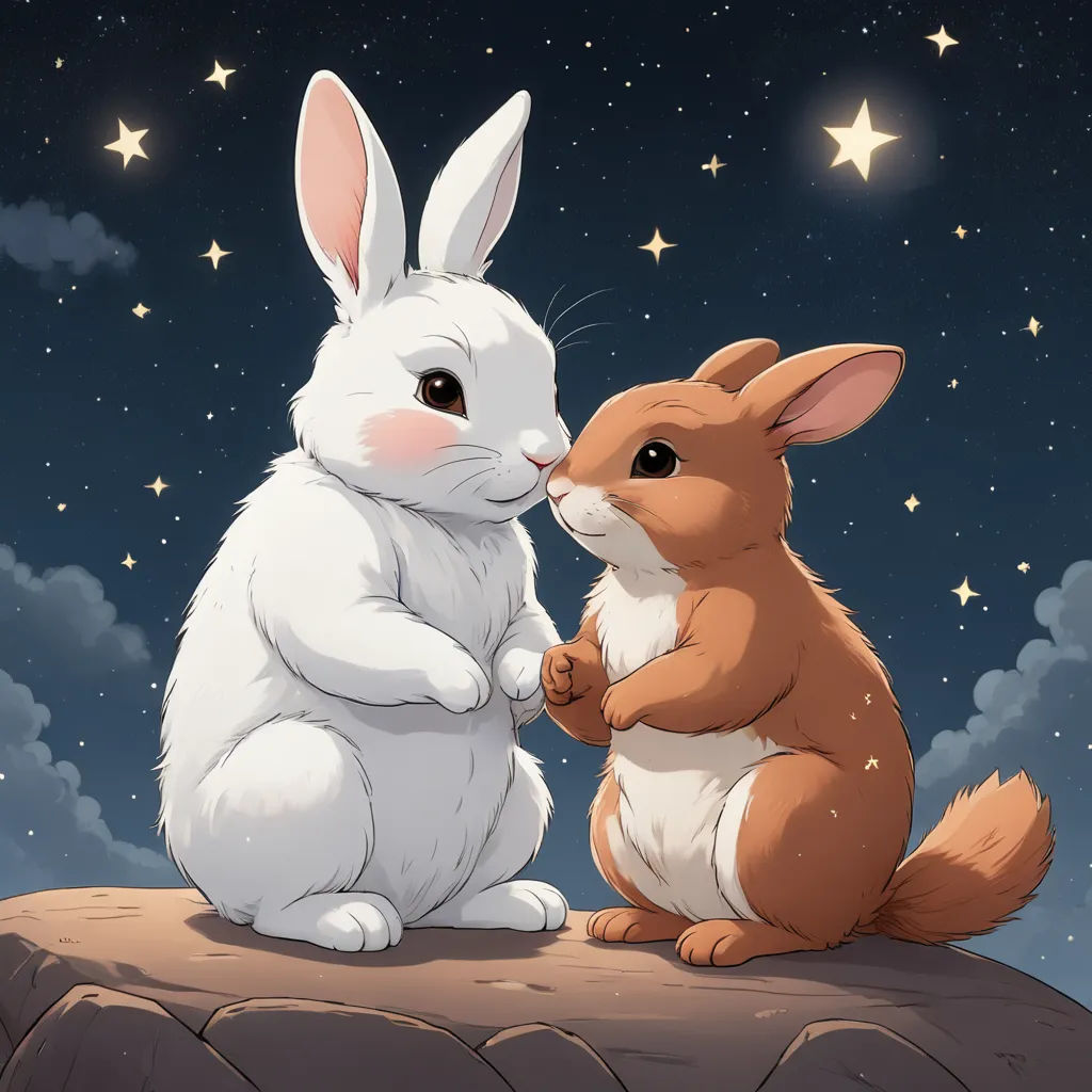 a rabbit and a rabbit sit on a rock in the night sky with stars above them and a rabbit is touching its paw, space art, a storybook illustration, Beatrix Potter, trending on art station