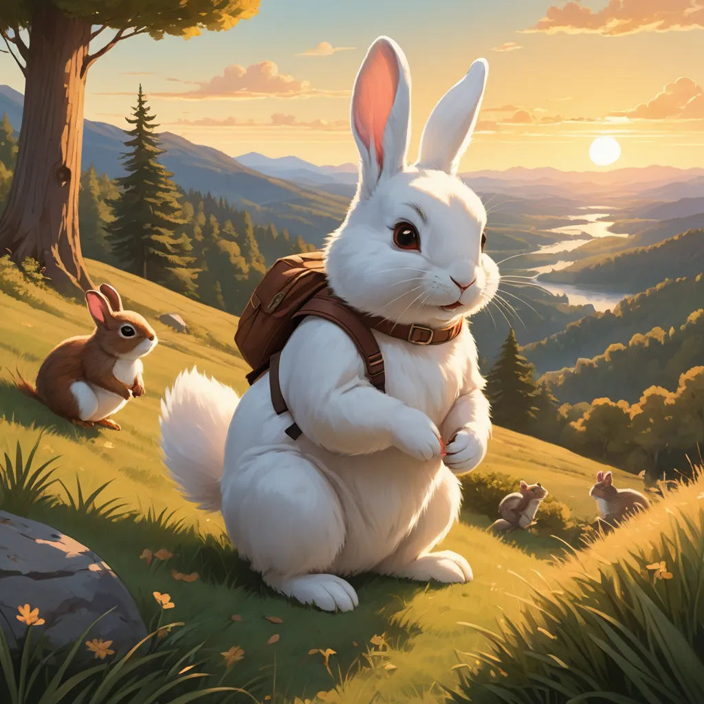 a painting of a rabbit with a backpack on a hill with other rabbits in the background and a sunset, altermodern, a storybook illustration, Chris LaBrooy, rossdraws global illumination