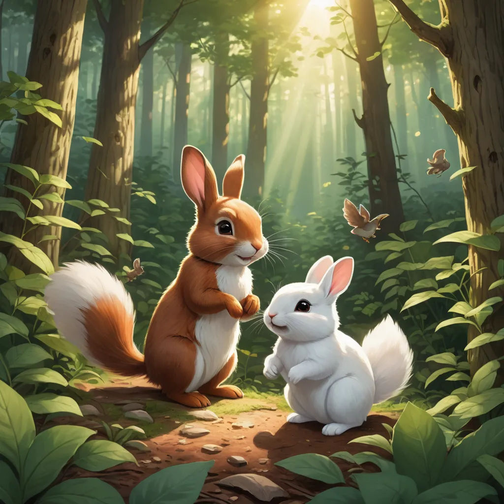 a rabbit and a rabbit sitting in the woods together, with a butterfly flying overhead in the background,, furry art, a storybook illustration, Chris LaBrooy, rossdraws global illumination