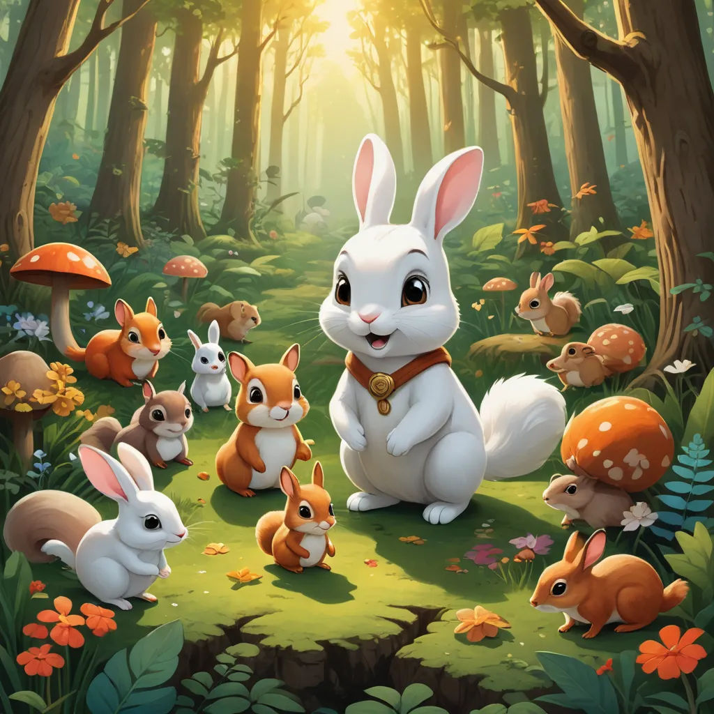 a cartoon bunny surrounded by other animals in a forest with mushrooms and mushrooms on the ground, and a sun shining through the trees, furry art, a storybook illustration, Daphne McClure, rossdraws global illumination