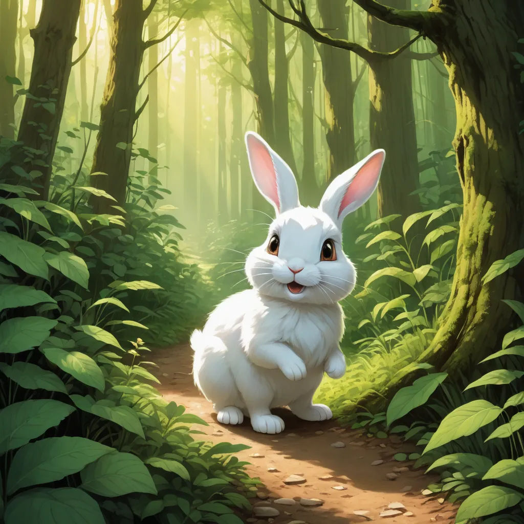 a white rabbit sitting on a path in a forest with green plants and trees around it, with sunlight streaming through the trees, altermodern, a storybook illustration, Clint Cearley, rossdraws global illumination