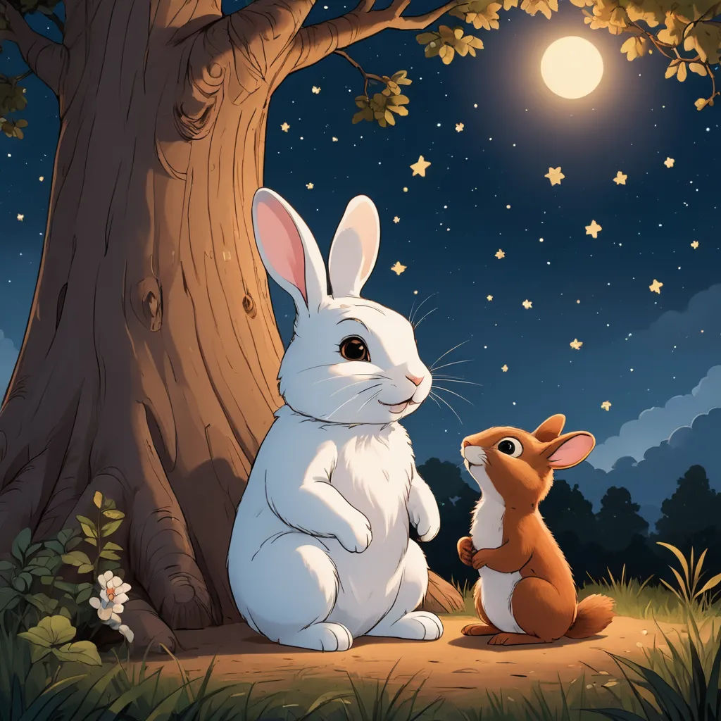 a rabbit and a deer sitting under a tree at night with the moon in the sky above them and stars in the sky, furry art, a storybook illustration, Beatrix Potter, storybook illustration