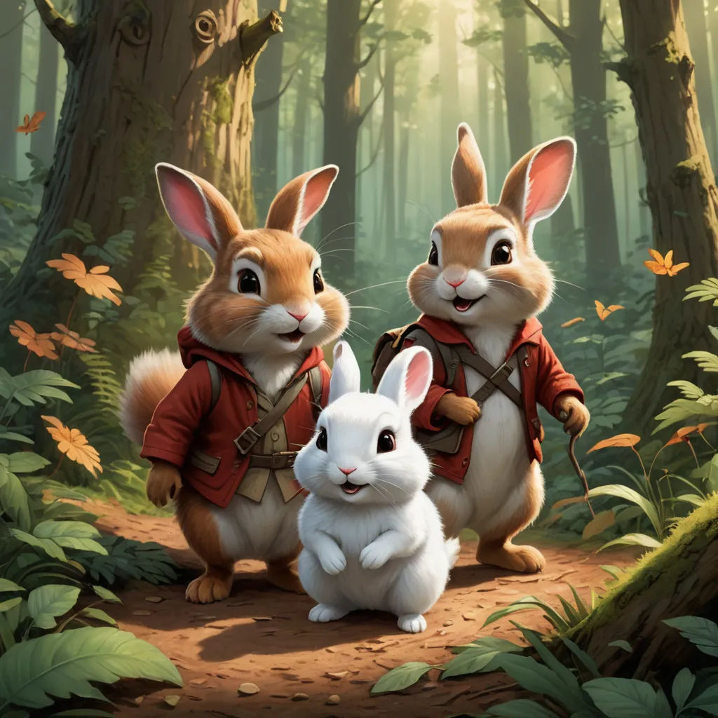 two rabbits are standing in the woods with a rabbit in front of them and a rabbit in the background, furry art, a storybook illustration, Chris LaBrooy, rossdraws global illumination