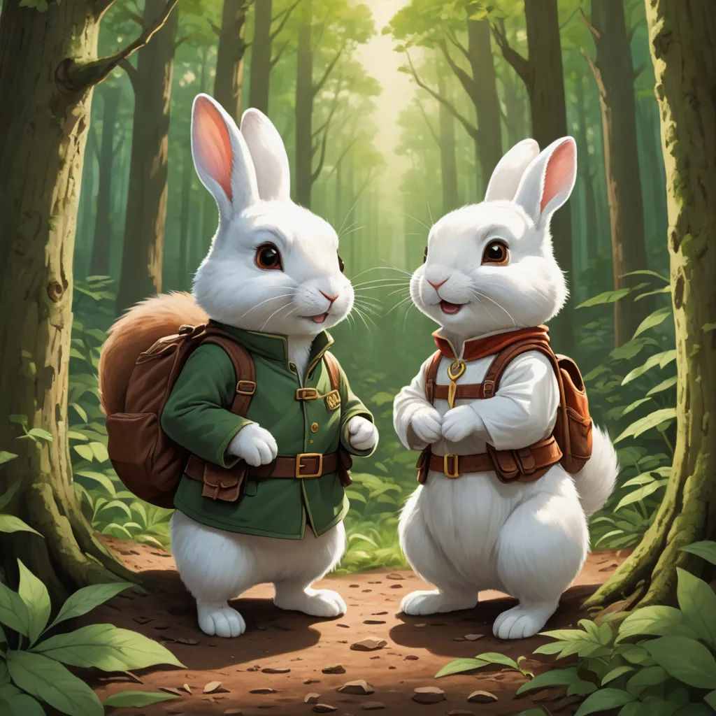 two rabbits are standing in the woods with backpacks on their backs and one is wearing a green jacket, altermodern, a storybook illustration, Brothers Hildebrandt, official art