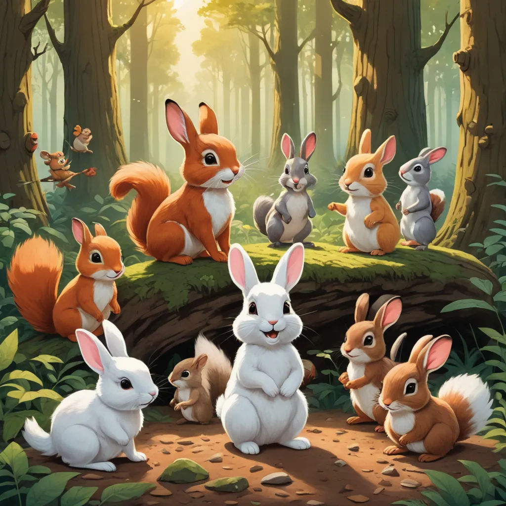 a group of rabbits in a forest with a squirrel on the ground and other animals in the background,, furry art, a storybook illustration, Chris LaBrooy, rossdraws global illumination