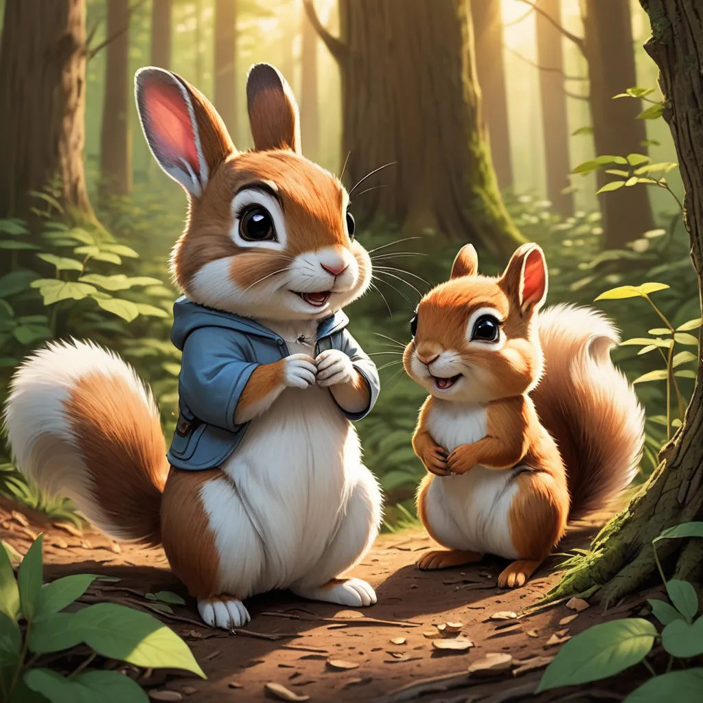a painting of a rabbit and a squirrel in the woods with a baby squirrel in the foreground, and a forest with trees and leaves in the background, furry art, a detailed painting, Chris LaBrooy, official art