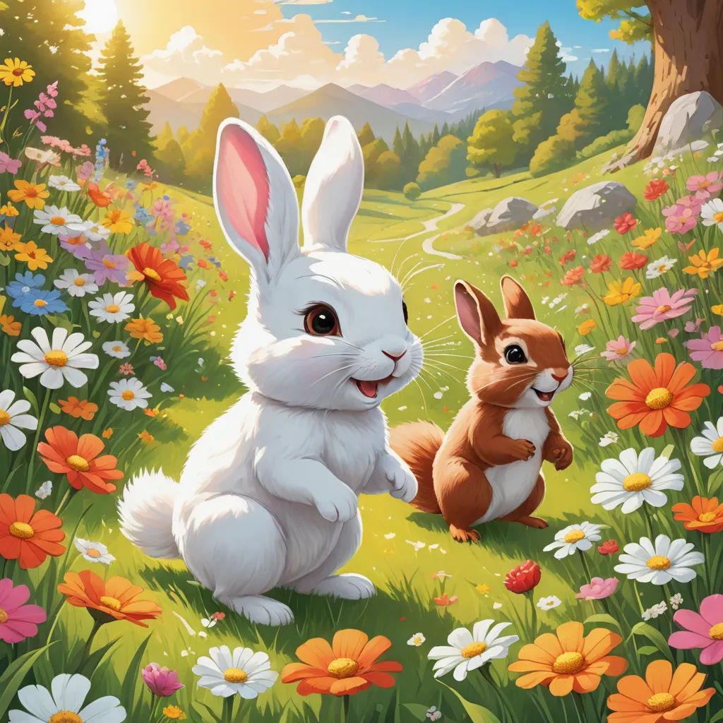 a painting of two rabbits in a field of flowers and a tree with a sunset in the background and a mountain behind them, altermodern, a storybook illustration, Chris LaBrooy, official art