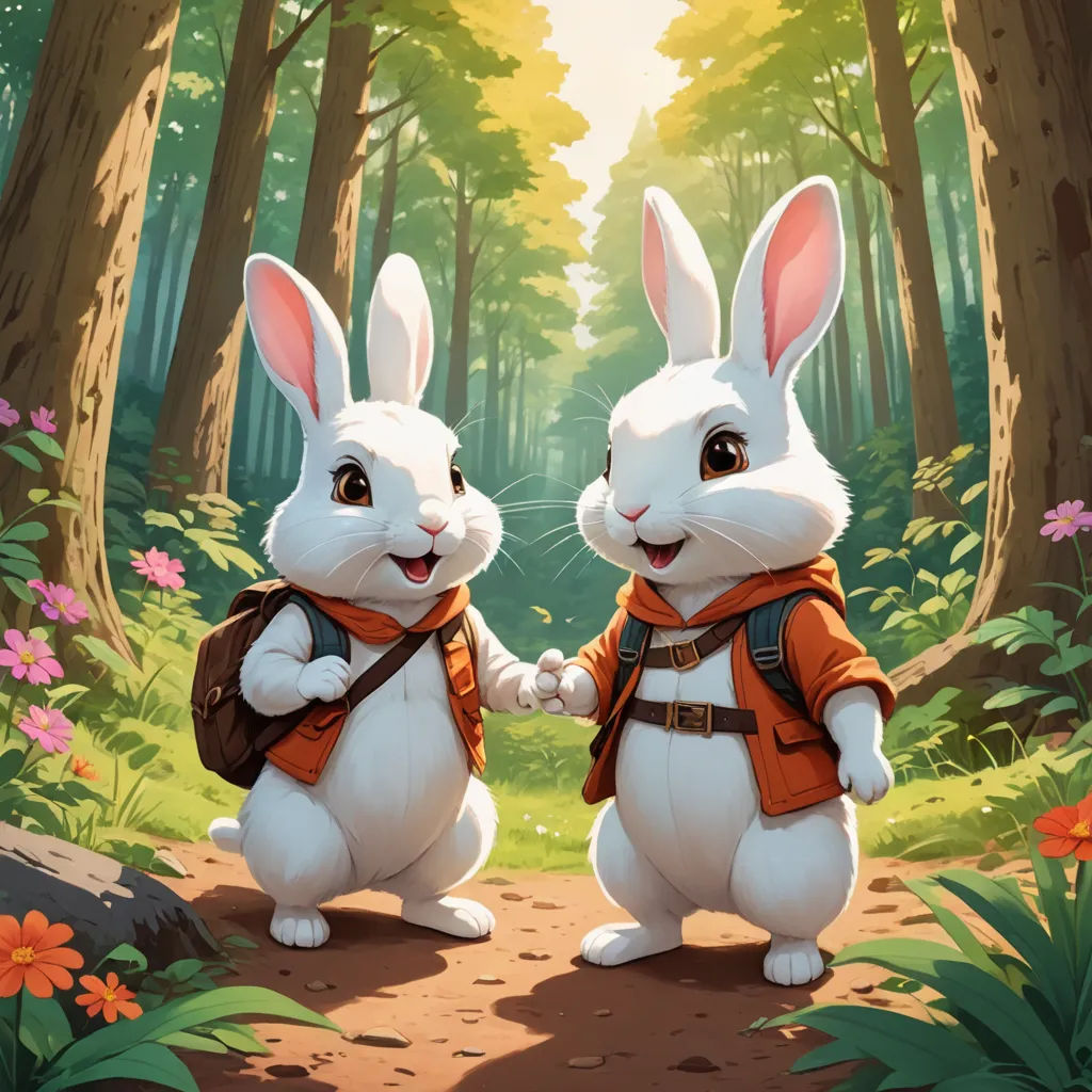 two white rabbits are holding hands in the woods with flowers and trees in the background, while the sun shines through the trees, altermodern, a storybook illustration, Brothers Hildebrandt, rossdraws global illumination