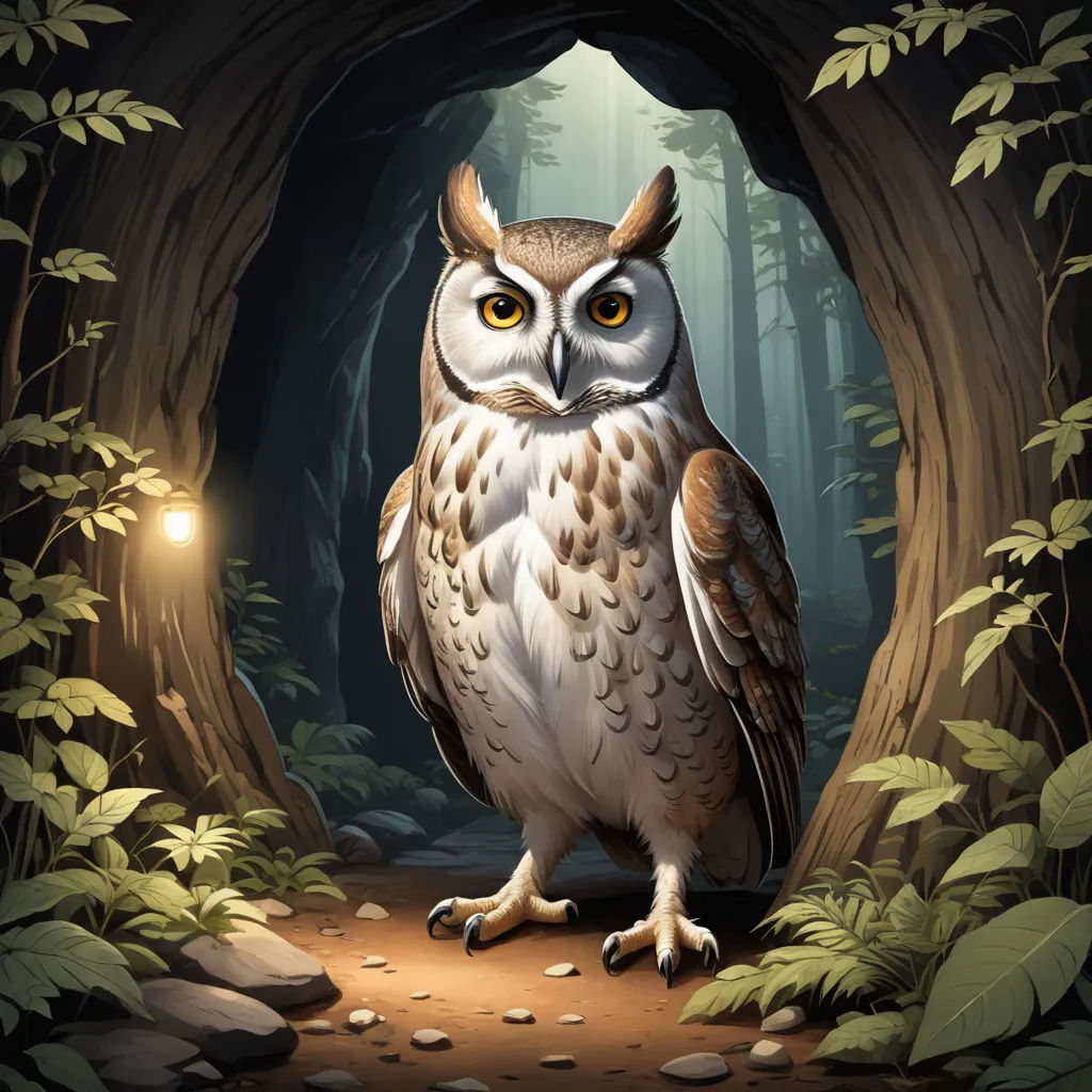 a painting of an owl in a forest with a light on its head and a flashlight in its mouth, fantasy art, a storybook illustration, Brom, rossdraws global illumination