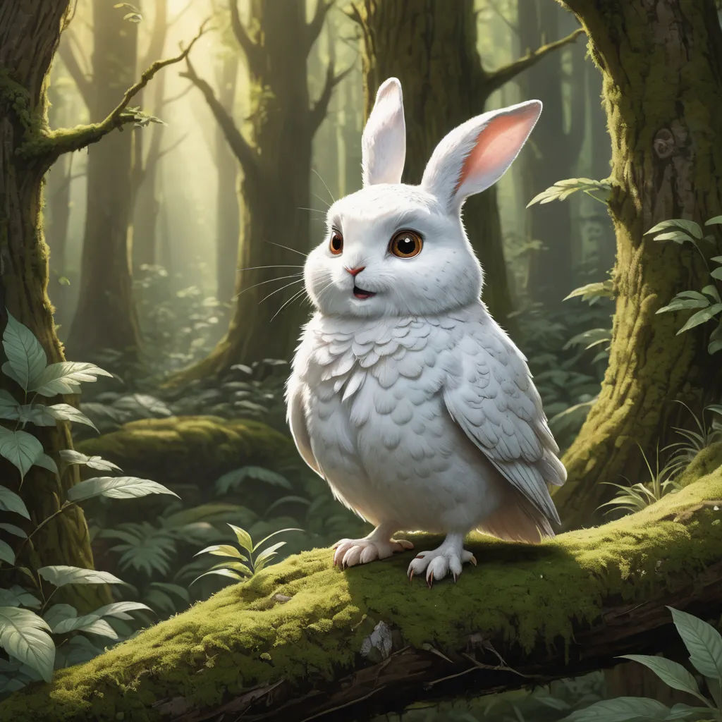 a white rabbit sitting on a mossy branch in a forest with trees and ferns, with a light shining on the ground, fantasy art, a digital painting, Chris LaBrooy, magic the gathering artwork