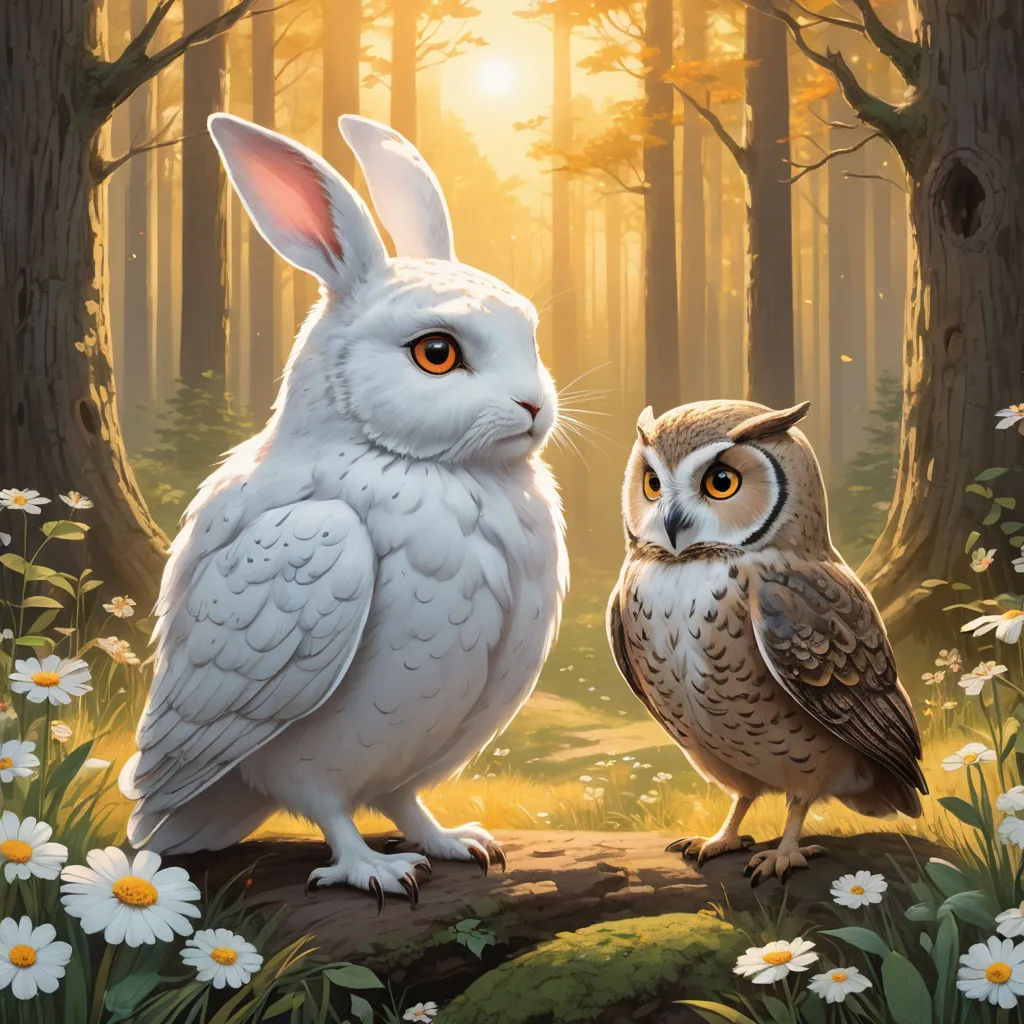 a painting of two owls and an owl in a forest with daisies and trees in the background, one of which is a white rabbit and the other one is looking at the same, fantasy art, a storybook illustration, Chris LaBrooy, official art