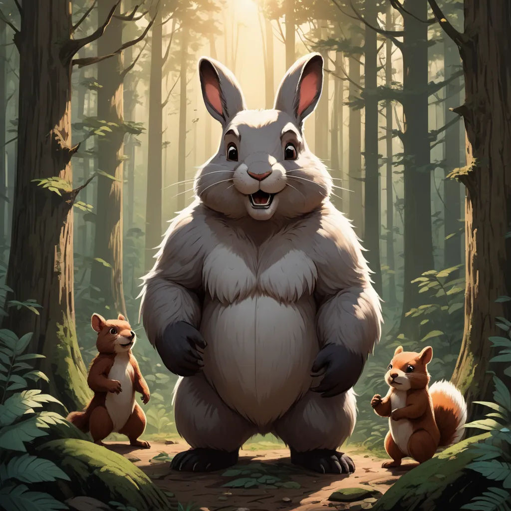 a rabbit standing in the middle of a forest with two other animals around it, with the sun shining through the trees, furry art, a character portrait, Chris LaBrooy, official art