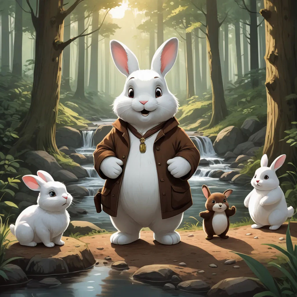 a cartoon bunny with four rabbits in a forest setting, with a waterfall in the background and a forest scene in the background, furry art, a storybook illustration, Beatrix Potter, official art