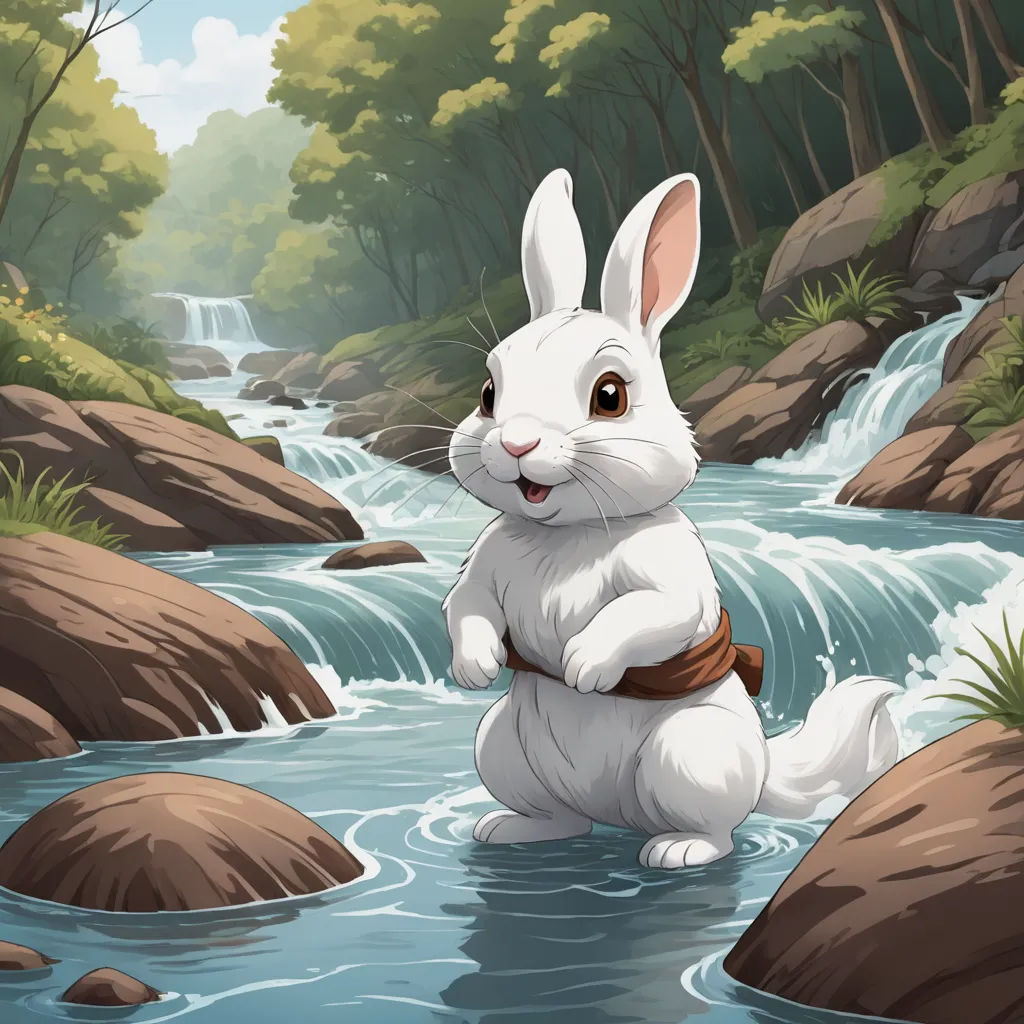 a white rabbit sitting in the river with a brown belt around his waist and a waterfall in the background, fantasy art, a storybook illustration, Chris Rallis, magic the gathering artwork