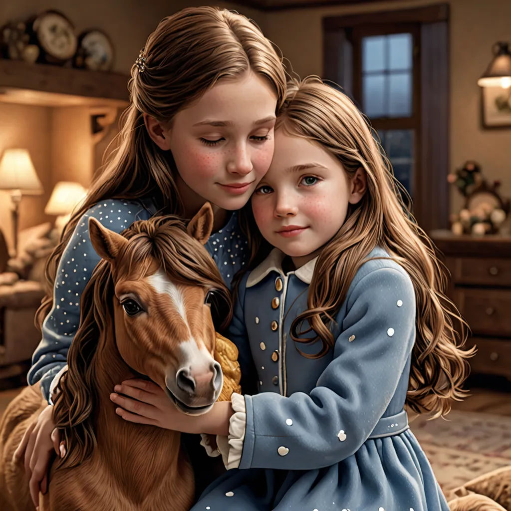a painting of two girls hugging a horse in a room with a bed and a dresser in the background, photorealism, a photorealistic painting, Bob Byerley, highly detailed digital painting