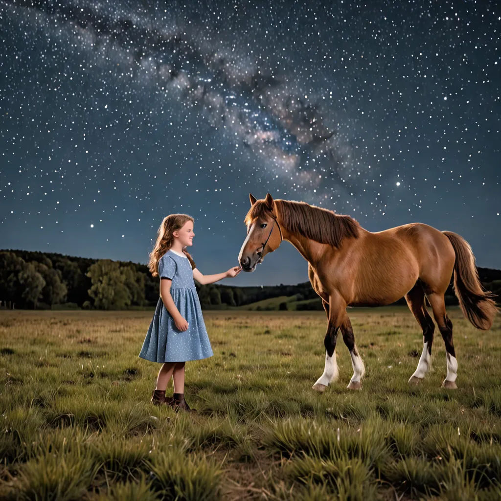 a girl in a blue dress petting a horse in a field with a night sky full of stars, art photography, a storybook illustration, Elinor Proby Adams, award-winning photograph