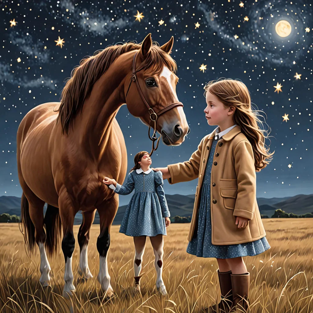 a painting of a girl petting a horse in a field at night with stars in the sky above, magic realism, a storybook illustration, Bob Byerley, highly detailed digital painting