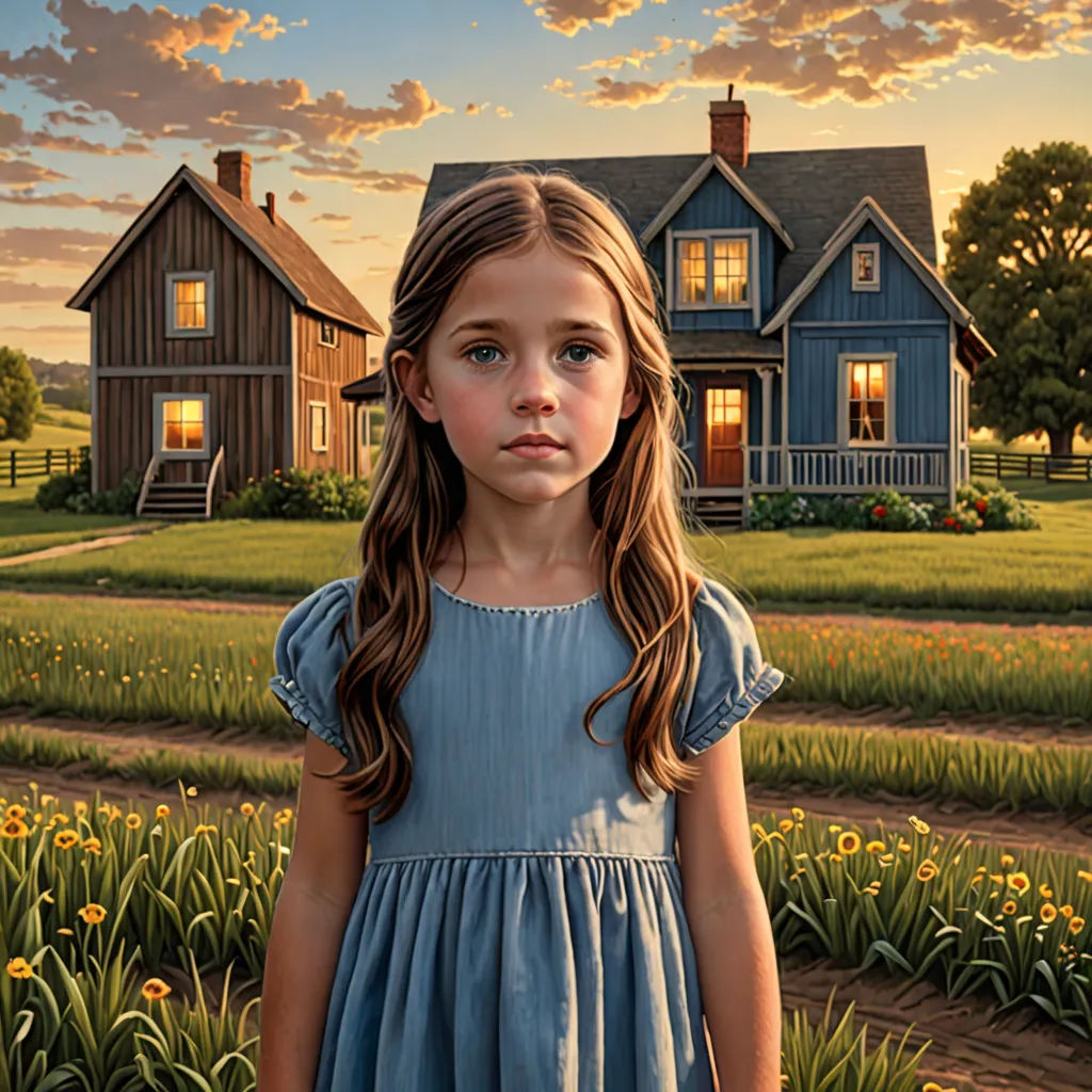 a painting of a girl standing in front of a house with a field of flowers in front of her, american realism, a hyperrealistic painting, Brad Kunkle, highly detailed digital painting
