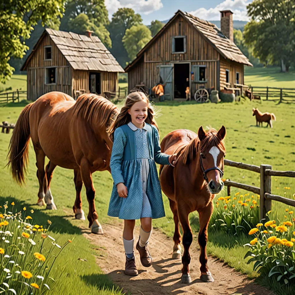a girl walking a horse down a dirt road next to a fence and a barn with horses in the background, magical realism, a storybook illustration, Anne Said, promotional image