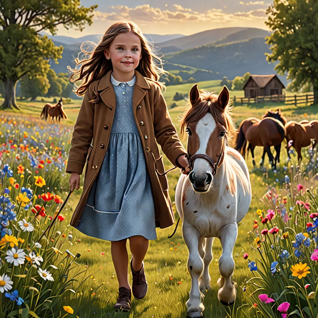 a little girl walking a horse through a field of flowers with horses in the background at sunset or dawn, american impressionism, a detailed matte painting, Bob Byerley, cinematic photography