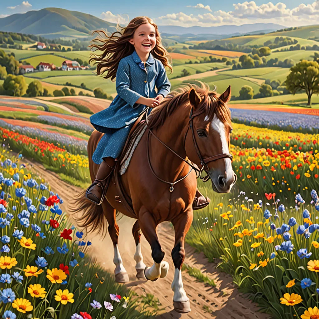 a girl riding a horse through a field of flowers and flowers in the background is a field of flowers, naive art, a storybook illustration, Bob Byerley, highly detailed digital painting