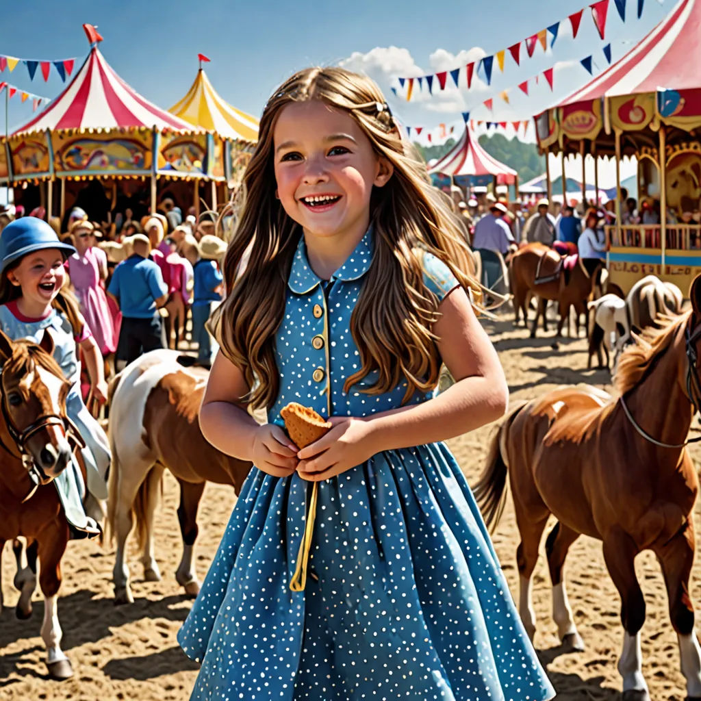 a little girl in a blue dress standing in front of a carousel with horses and people in the background, arts and crafts movement, a jigsaw puzzle, Annabel Kidston, promotional image