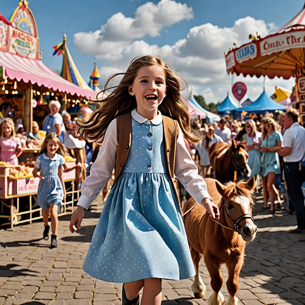 a little girl walking a horse through a fairground with other people and children in the background, with a carousel in the background, kitsch movement, a flemish Baroque, Christian Hilfgott Brand, promotional image