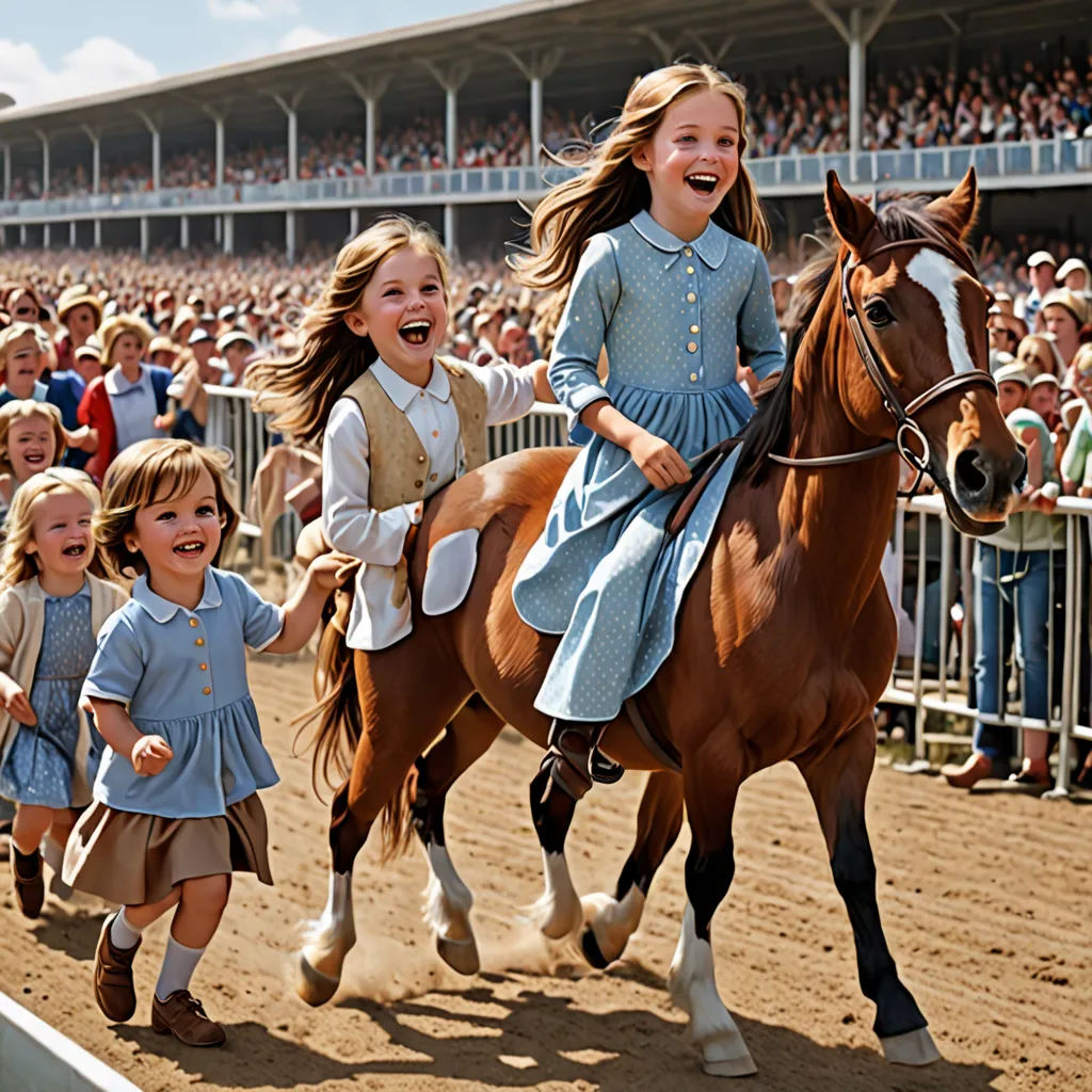 a group of children riding on the backs of horses in a race track with a crowd of people watching, american impressionism, a colorized photo, Ancell Stronach, kodachrome