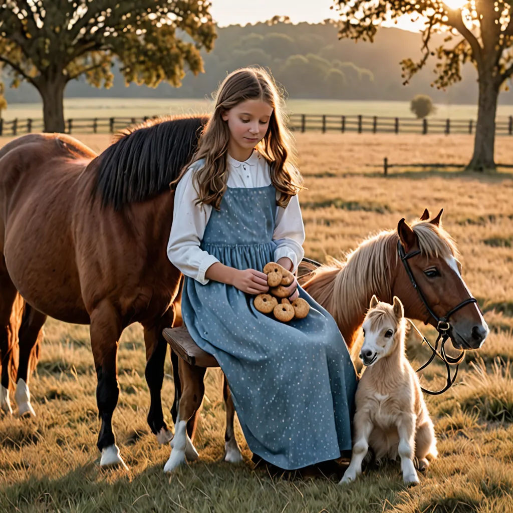a girl in a dress sitting on a horse with a dog and a horse standing next to her in a field, art photography, a storybook illustration, Elinor Proby Adams, award - winning photography