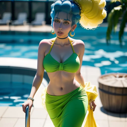 a woman in a bikini and a yellow umbrella near a pool with a pool in the background and a pool in the foreground