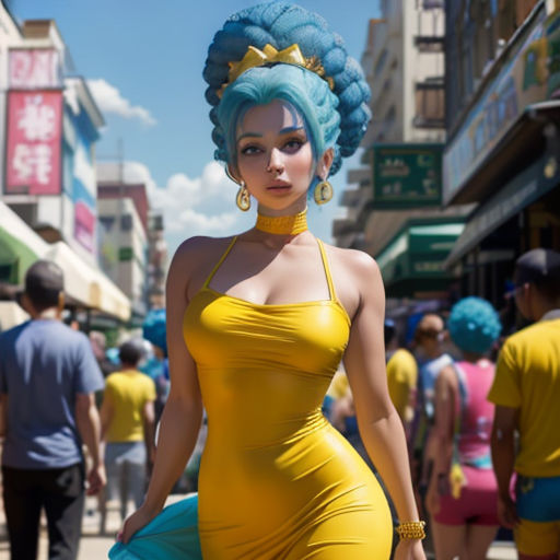 a woman in a yellow dress is walking down the street with a blue hair and a blue wig on