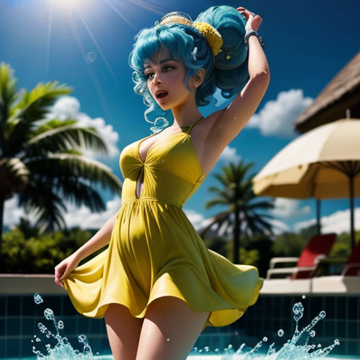 a woman in a yellow dress is standing in a pool with a blue hair and a yellow dress on