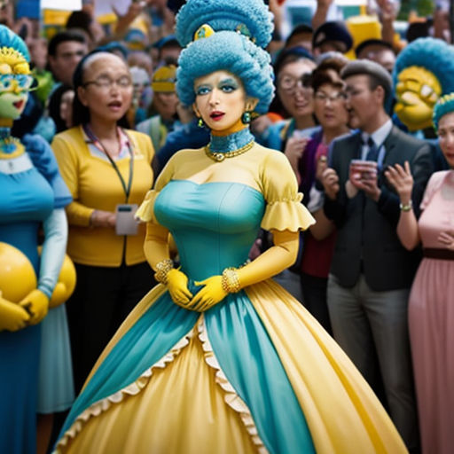 a group of people in costumes standing around each other in front of a crowd of people wearing masks and wigs