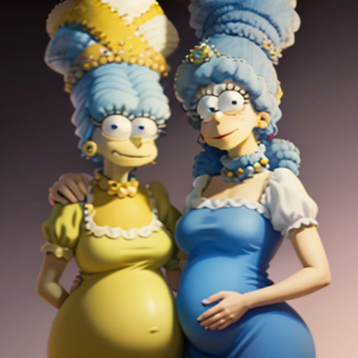 a pregnant woman and a cartoon character are posed together for a picture together in a cartoon photo with a backdrop