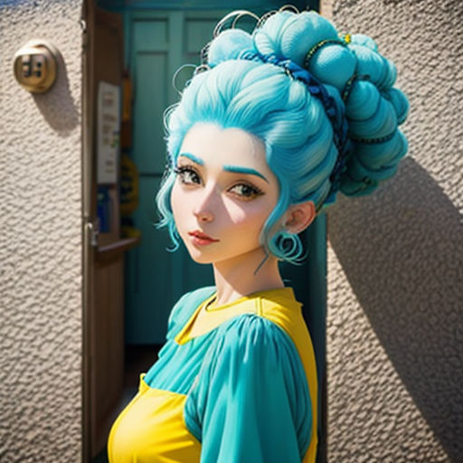 a woman with blue hair and a yellow top standing in front of a building with a door and a blue sky background