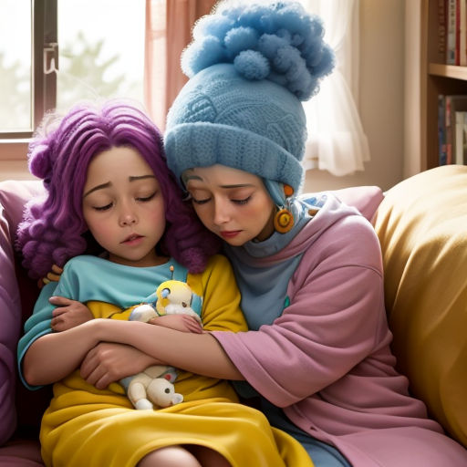 two girls are hugging on a couch with a stuffed animal in their lap and a stuffed bear in their lap