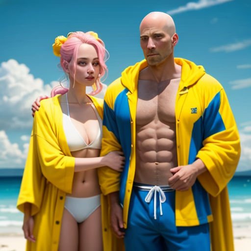 a man and a woman in bathing suits standing on a beach with the ocean in the background and a blue sky