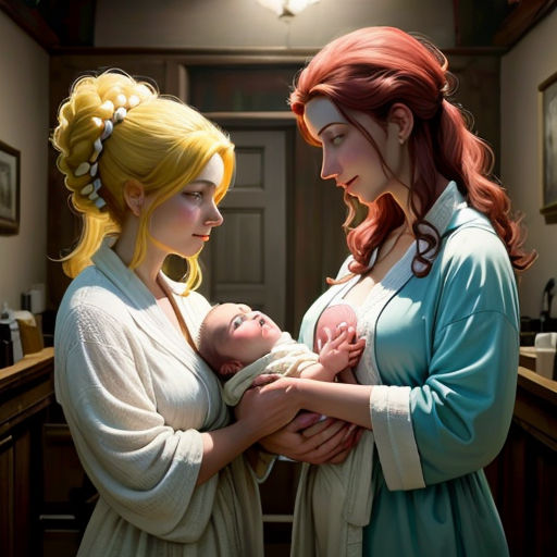 a painting of two women holding a baby in a room with a mirror on the wall and a baby in the middle of the room