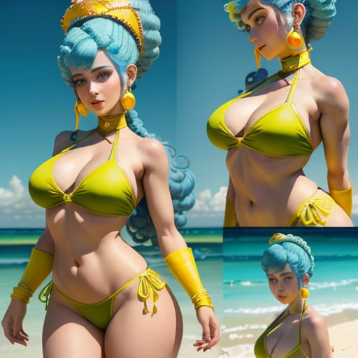 a woman in a bikini and yellow gloves on the beach with a blue hair and a yellow headpiece