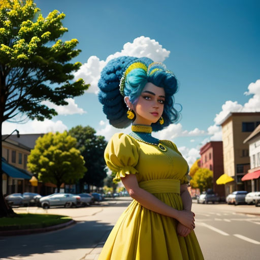 a woman in a yellow dress standing on a street corner with a blue wig and a green dress on